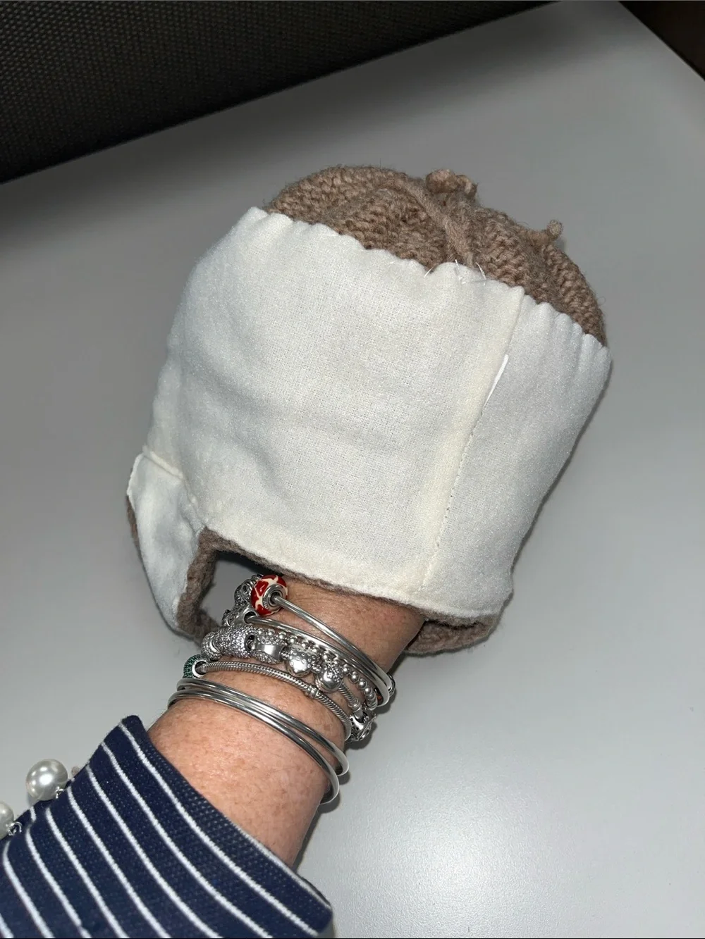Source Unknown adult Brown and White Knit Puma / Cougar Earflap winter Hat
